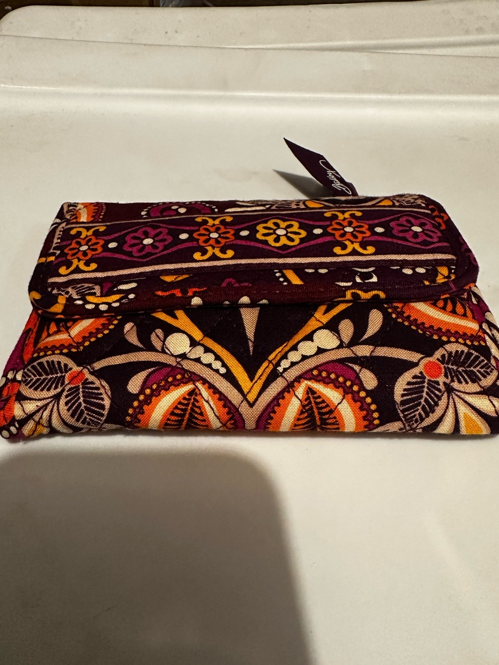 Vera Bradley Tri-Fold Wallet in Safari Sunset burgundy purple paisley floral
